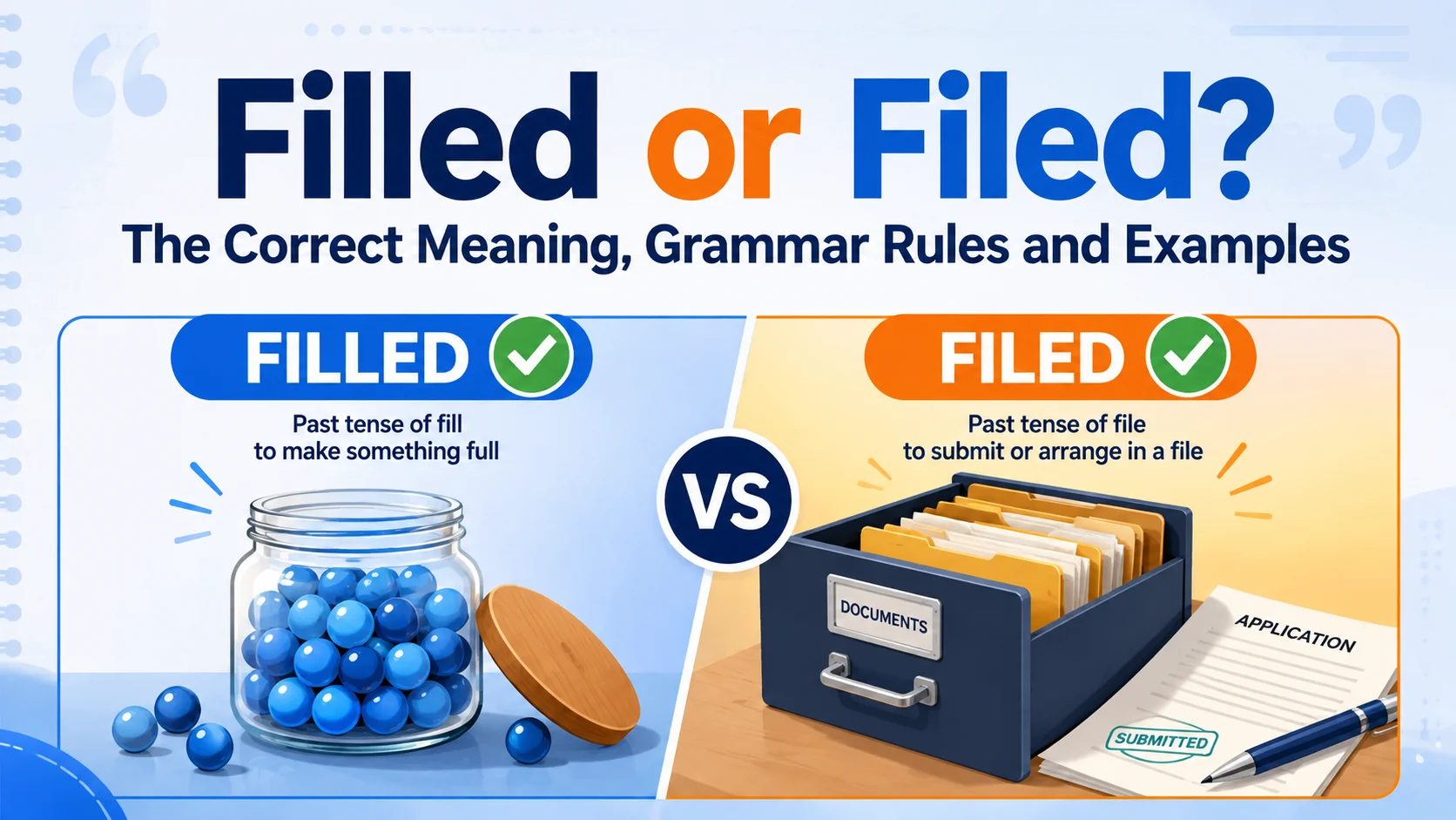 Filled or Filed? The Correct Meaning, Grammar Rules and Examples